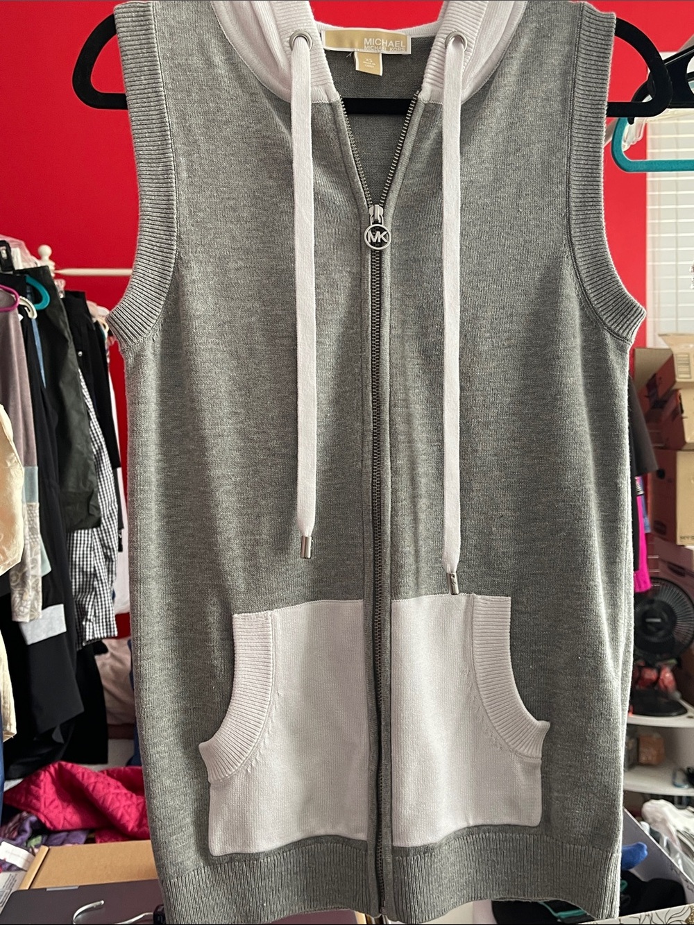 Michael Kors Gray/White Sweater Knit Hooded Vest - Size XS / NWT / PTP 17.5”